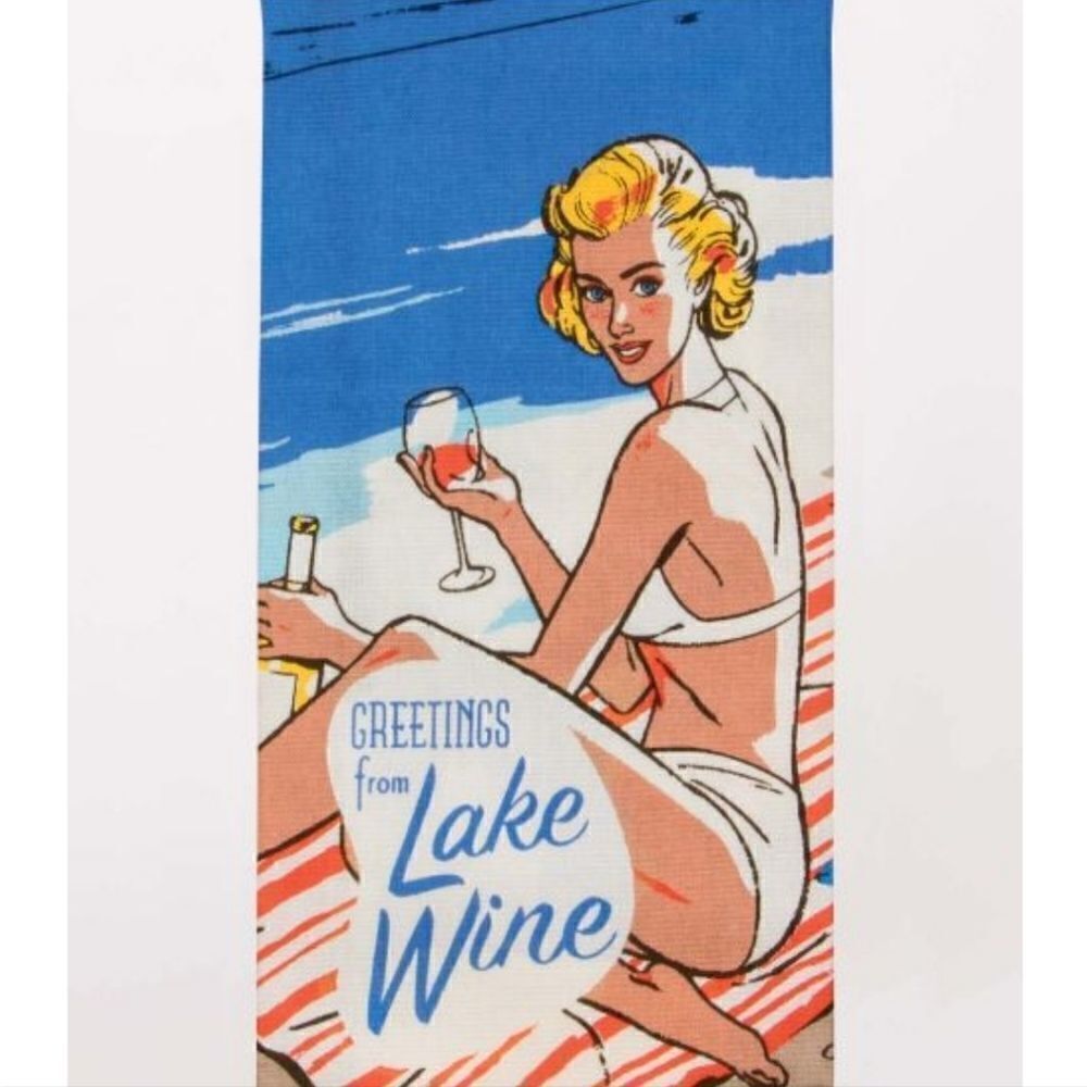 New Blue Q Dish Towel Greetings Lake Wine Blue
